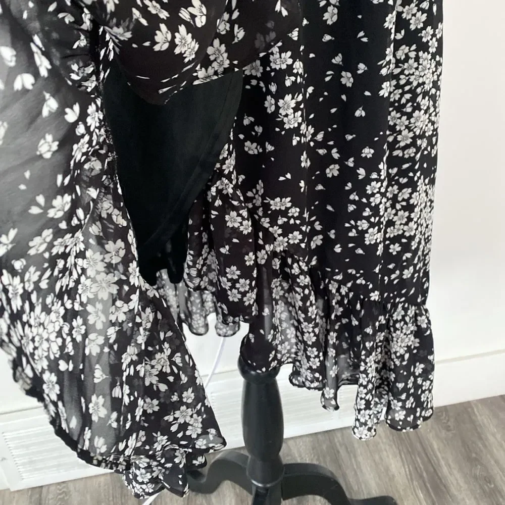 Lulus Floral Black White Ruffled Flounce Midi Dress sz M Sheer Romantic Girly - Picture 11 of 15